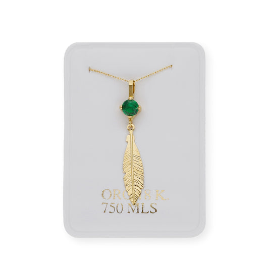 Collar con colgante pluma y Esmeralda sintética oro 18k