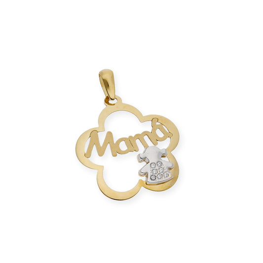 Colgante bicolor Mamá flor y una niña de Oro 18k