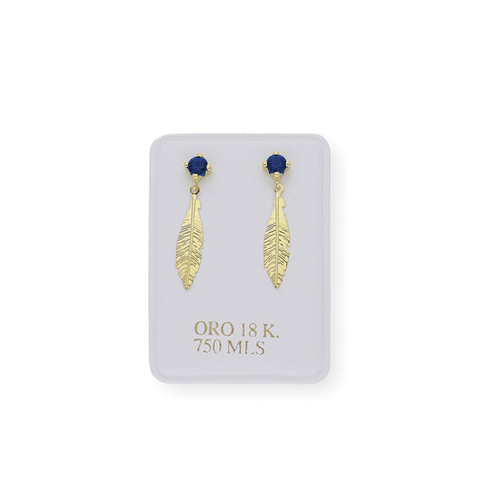 Pendientes Zafiro sintético y pluma Oro 18k