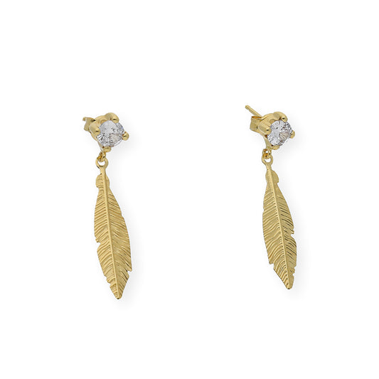 Pendientes Circonita  y pluma Oro 18k