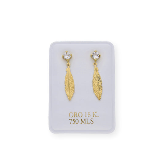 Pendientes Circonita  y pluma Oro 18k
