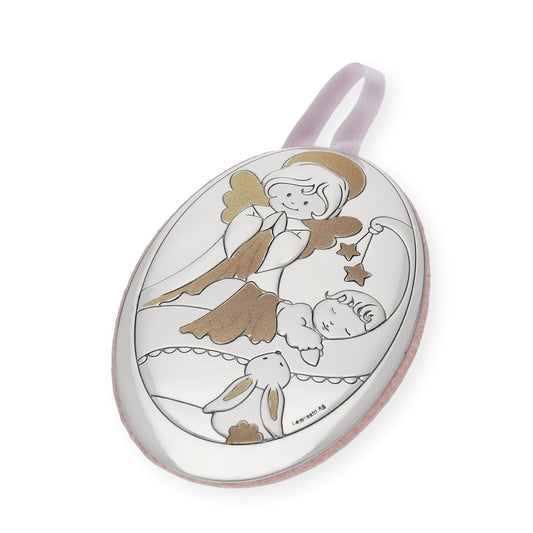 Medalla de Cuna Plata Bilaminada Ángel y Bebé Rosa
