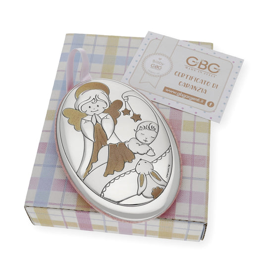 Medalla de Cuna Plata Bilaminada Ángel y Bebé Rosa