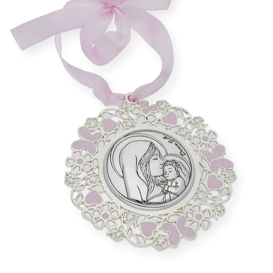 Medalla de Cuna Baño de Plata con esmaltado Rosa Virgen y Niño