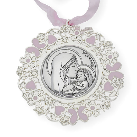 Medalla de Cuna Baño de Plata con esmaltado Rosa Virgen y Niño