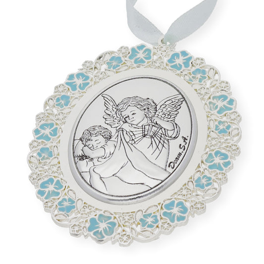 Medalla de Cuna Baño de Plata con esmaltado Azul Ángel y Niño