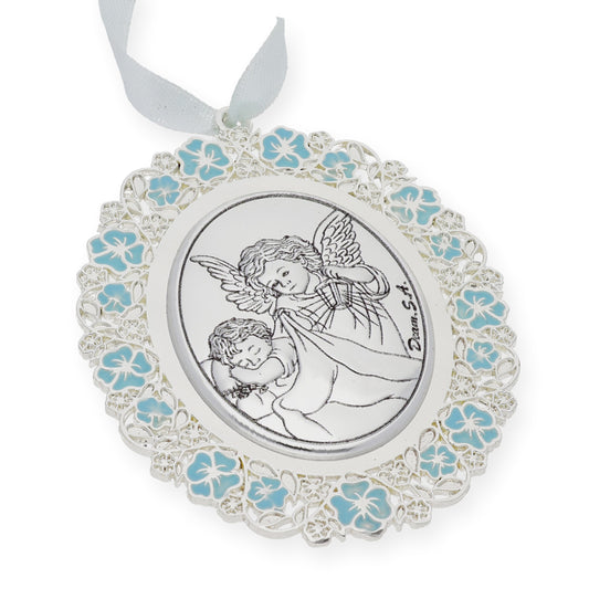 Medalla de Cuna Baño de Plata con esmaltado Azul Ángel y Niño
