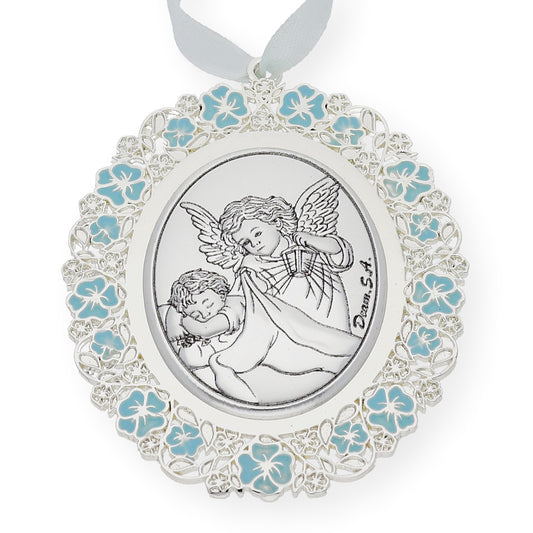 Medalla de Cuna Baño de Plata con esmaltado Azul Ángel y Niño