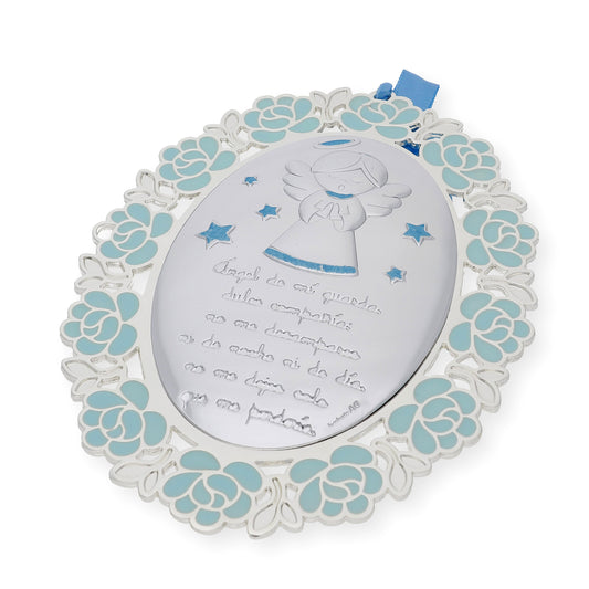 Medalla de Cuna Baño de Plata con esmaltado Azul Ángel de la Guarda