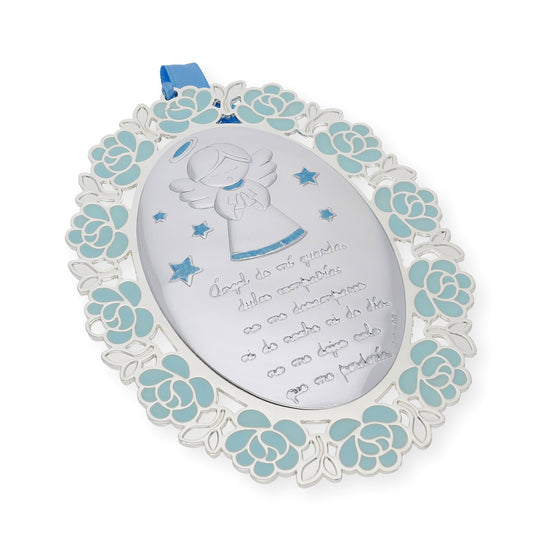 Medalla de Cuna Baño de Plata con esmaltado Azul Ángel de la Guarda
