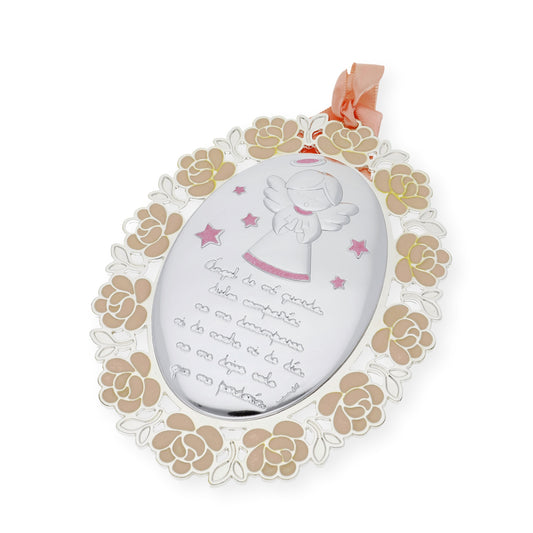 Medalla de Cuna Baño de Plata con esmaltado Rosa Ángel de la Guarda