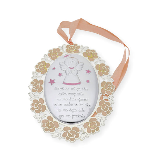 Medalla de Cuna Baño de Plata con esmaltado Rosa Ángel de la Guarda