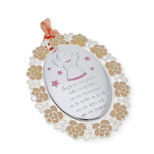 Medalla de Cuna Baño de Plata con esmaltado Rosa Ángel de la Guarda