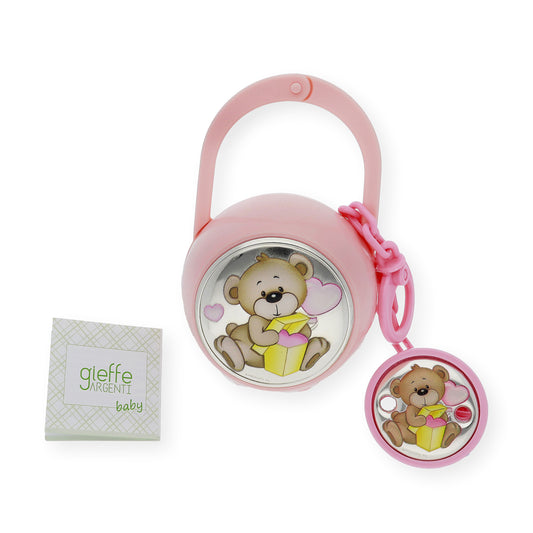 Portachupetes y Pinza de Chupetes en Plata Bilaminada Oso Rosa