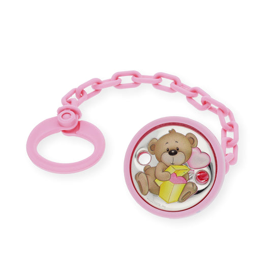Portachupetes y Pinza de Chupetes en Plata Bilaminada Oso Rosa