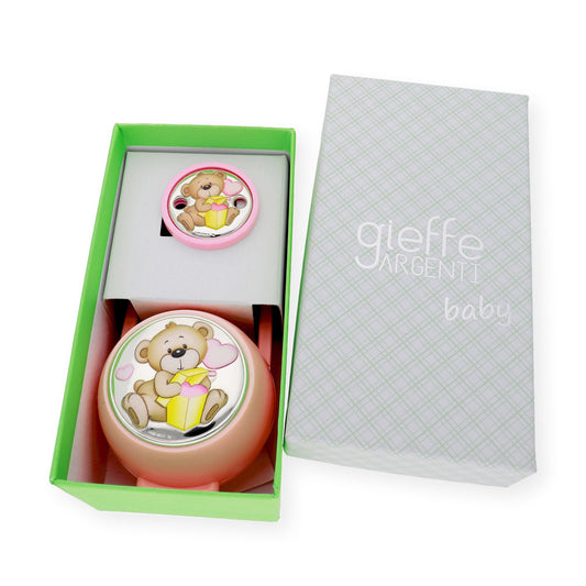 Portachupetes y Pinza de Chupetes en Plata Bilaminada Oso Rosa