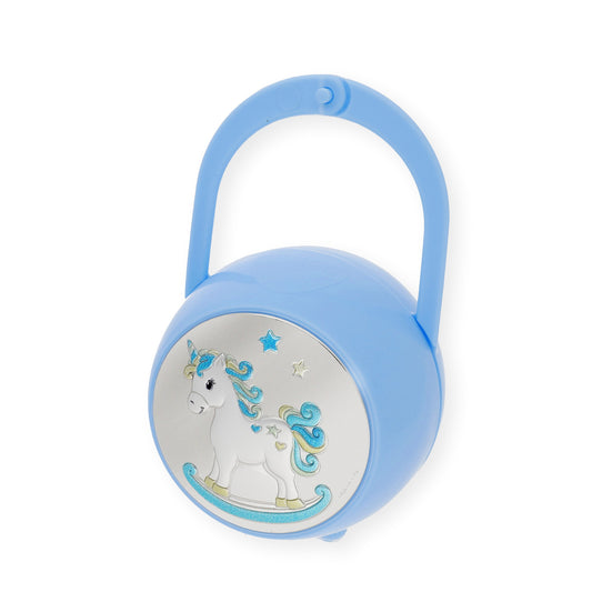 Portachupetes y Pinza de Chupetes en Plata Bilaminada Unicornio Azul