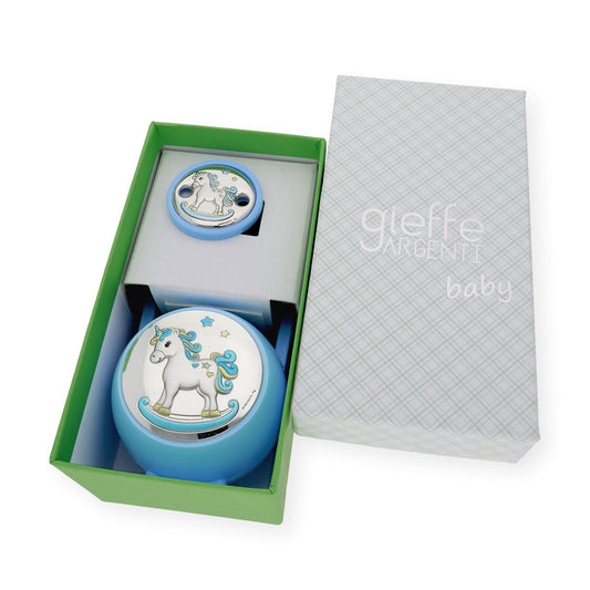 Portachupetes y Pinza de Chupetes en Plata Bilaminada Unicornio Azul