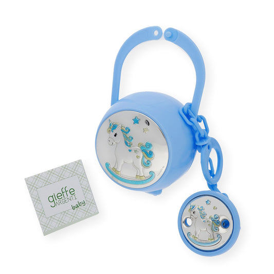 Portachupetes y Pinza de Chupetes en Plata Bilaminada Unicornio Azul