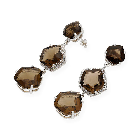 Pendientes Trío en plata de ley 925 con Circonitas y Cuarzo Fumé