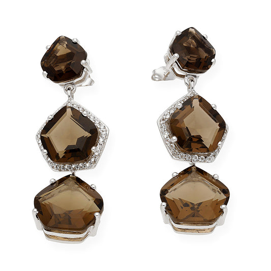 Pendientes Trío en plata de ley 925 con Circonitas y Cuarzo Fumé