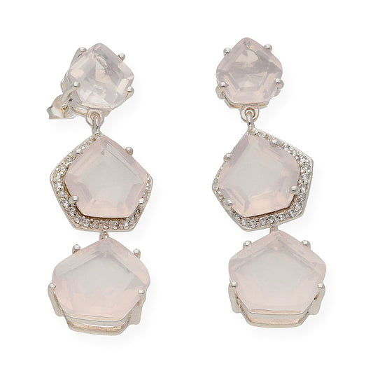 Pendientes Trío en plata de ley 925 con Circonitas y Cuarzos rosas
