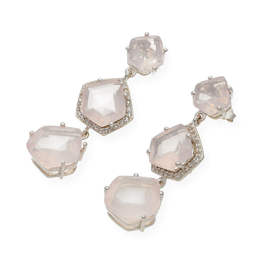 Pendientes Trío en plata de ley 925 con Circonitas y Cuarzos rosas