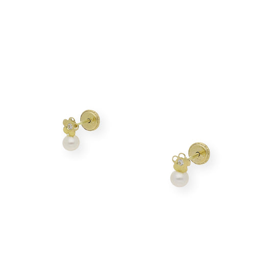 Pendientes Flor Bebé en Oro 18k con Perlas y Circonita