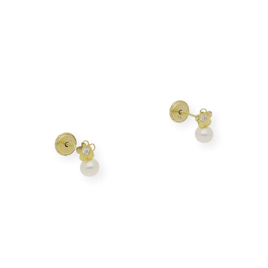 Pendientes Flor Bebé en Oro 18k con Perlas y Circonita
