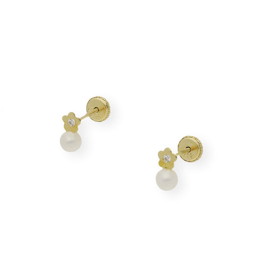 Pendientes Bebé Oro con Perlas y flor circonita 18k