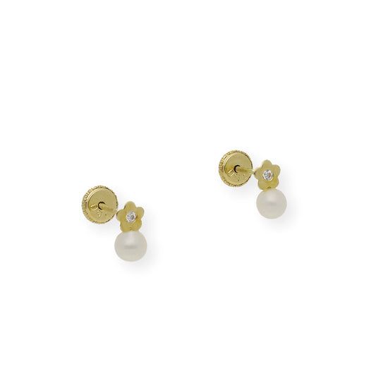 Pendientes Bebé Oro con Perlas y flor circonita 18k