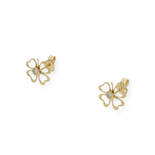 Pendientes Trébol Calado con Diamante central en Oro de Ley 18K