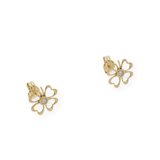 Pendientes Trébol Calado con Diamante central en Oro de Ley 18K