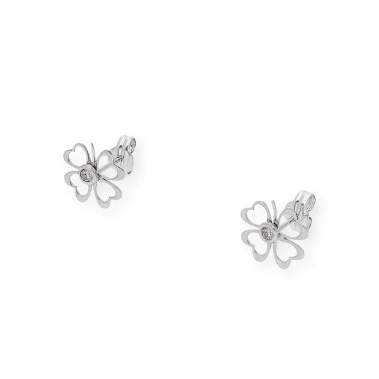 Pendientes Trébol Calado con Diamante central en Oro blanco 18K