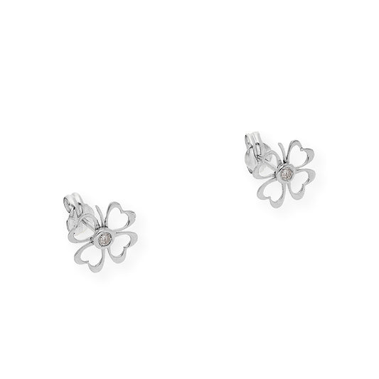 Pendientes Trébol Calado con Diamante central en Oro blanco 18K