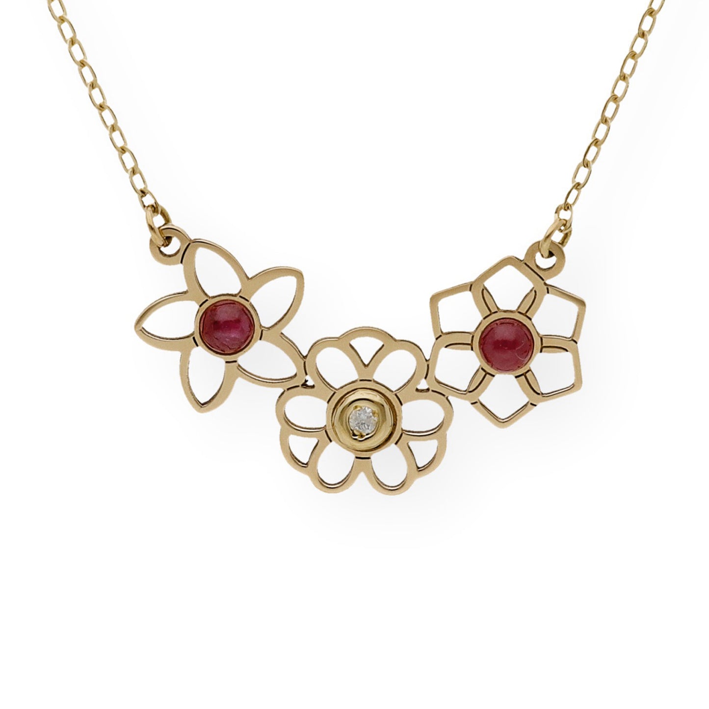 Collar con Colgante de 3 Flores en Oro de Ley 18k con Diamante y Rubíes