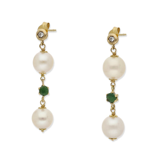 Pendientes Geminus en Oro de 18K con Diamante, Esmeralda central y Perlas Akoya