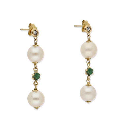 Pendientes Geminus en Oro de 18K con Diamante, Esmeralda central y Perlas Akoya