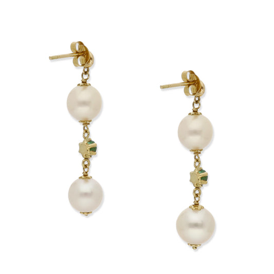 Pendientes Geminus en Oro de 18K con Diamante, Esmeralda central y Perlas Akoya
