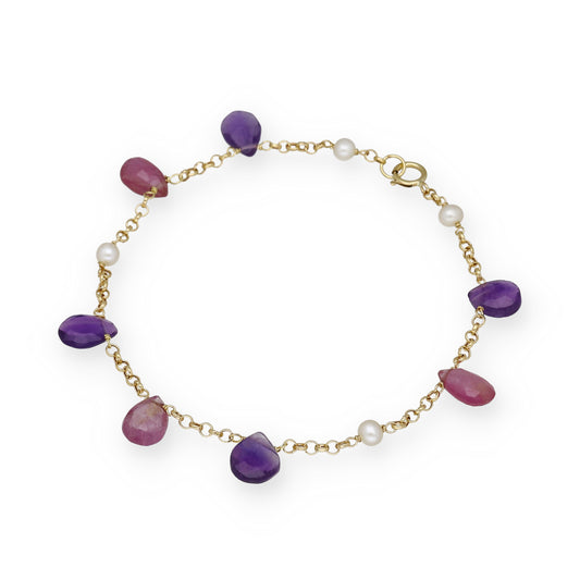 Pulsera Serena en Oro de Ley 18K con Rubíes, Amatistas y Perlas