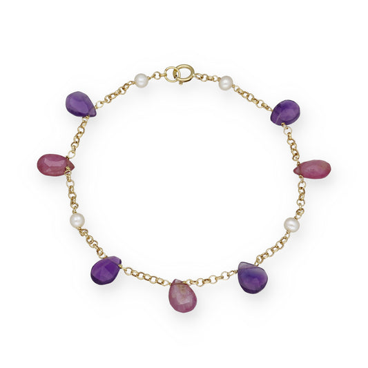 Pulsera Serena en Oro de Ley 18K con Rubíes, Amatistas y Perlas