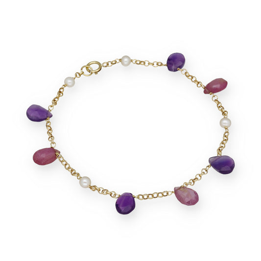 Pulsera Serena en Oro de Ley 18K con Rubíes, Amatistas y Perlas
