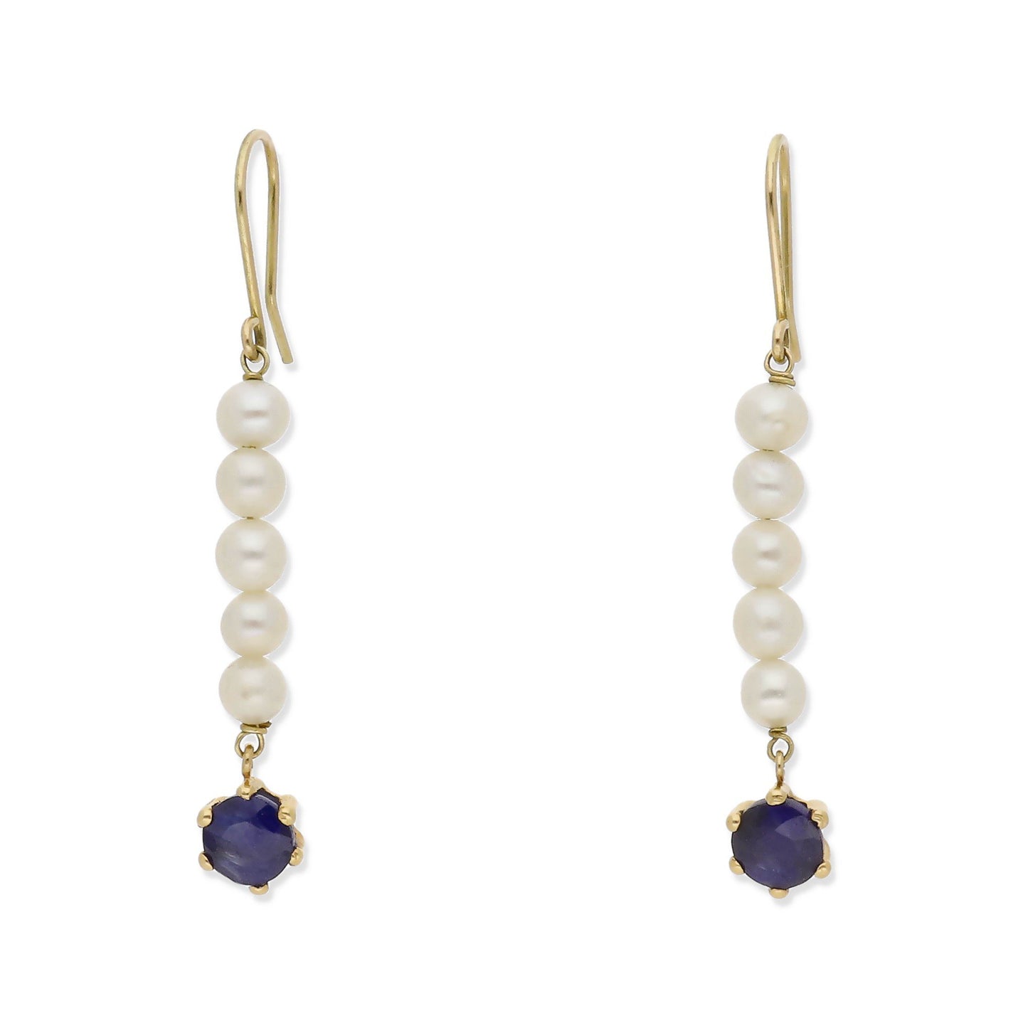Pendientes Eruca en Oro 18K con Tira de Perlas y Zafiro