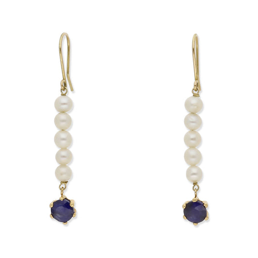 Pendientes Eruca en Oro 18K con Tira de Perlas y Zafiro