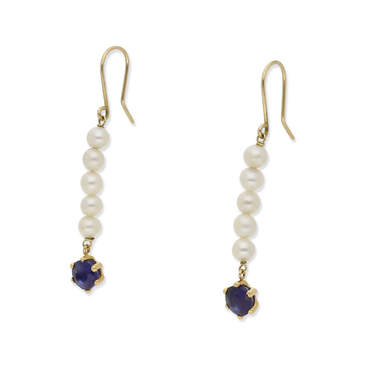 Pendientes Eruca en Oro 18K con Tira de Perlas y Zafiro