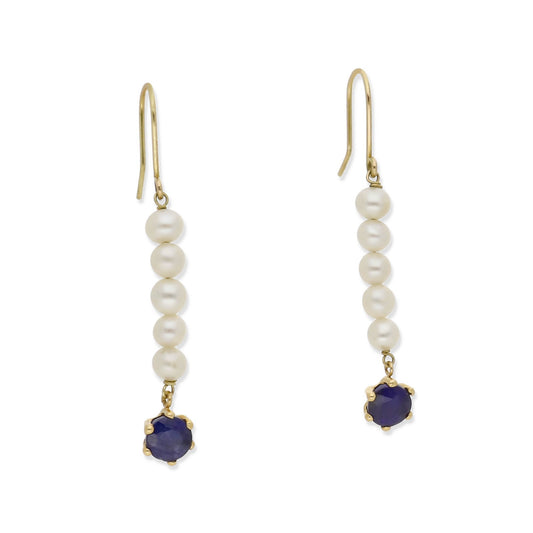 Pendientes Eruca en Oro 18K con Tira de Perlas y Zafiro