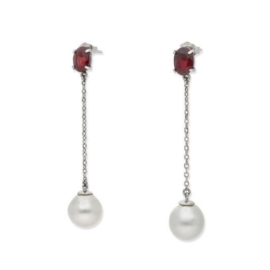 Pendientes Livay Oro Blanco 18k Rubíes y Perlas Australianas Naturales
