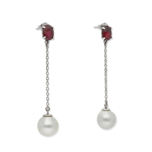 Pendientes Livay Oro Blanco 18k Rubíes y Perlas Australianas Naturales