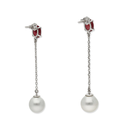 Pendientes Livay Oro Blanco 18k Rubíes y Perlas Australianas Naturales