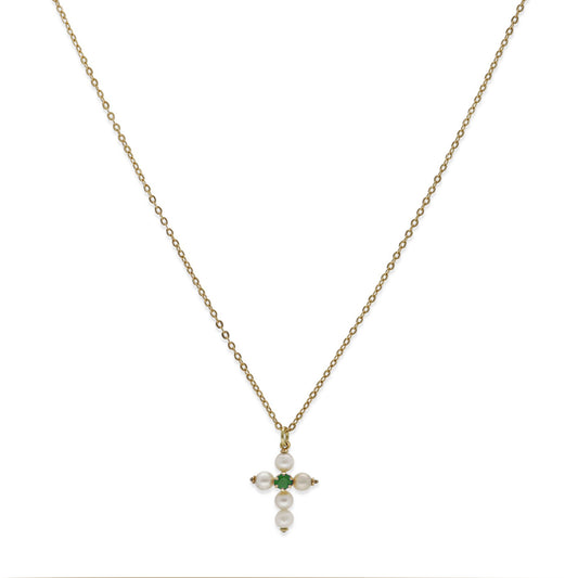 Collar con Colgante "Mi Primera Comunión" en Oro 18k con Perlas y Esmeralda Diseño de Cruz